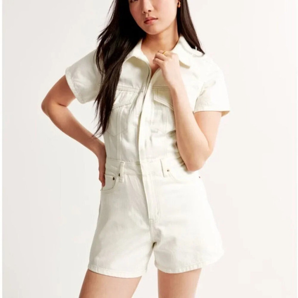 Abercrombie & Fitch Denim Romper Cream  White Size Small - Picture 1 of 9
